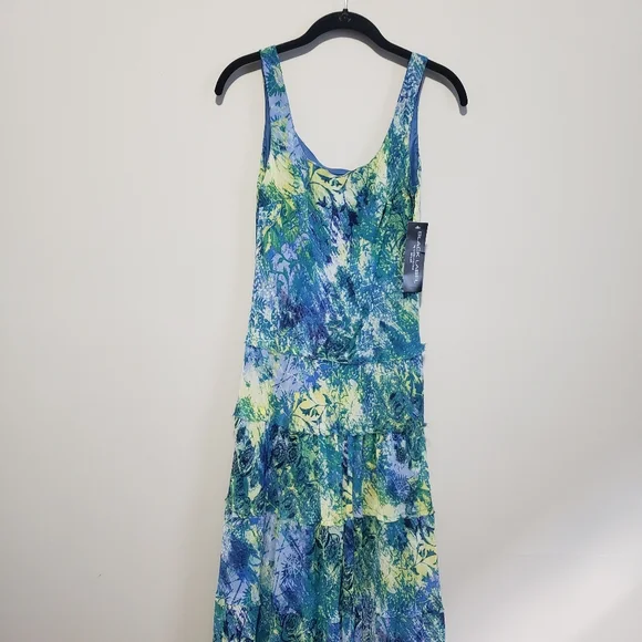 Evan Picone | Dresses | Womens Floral Print Tiered Maxi Dress Nwt Size 4  Blue Green And Yellow Print | Poshmark